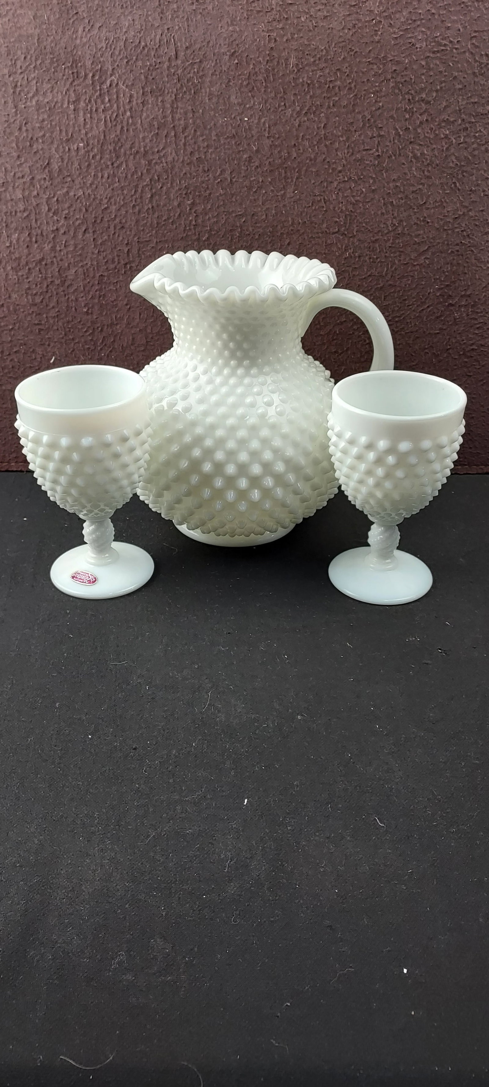 A Set of Vintage Fenton White Milk Glass Hobnail Pitcher and Two Goblets (1 of 12)