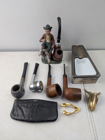 A Lot of Vintage Smoking Collectibles, including Pipes, Ashtray, Figural Pipe Holder, and Leather