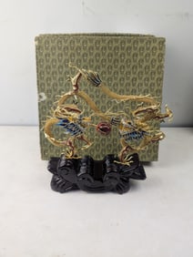 Chinese Gilt Brass Filigree Cloisonn? Enamel Double Dragon Sculpture with Flaming Pearl on Wooden