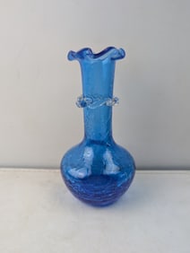 Vintage Mid-Century Modern Art Studio Cobalt Blue Crackle Glass Ruffled Bud Vase