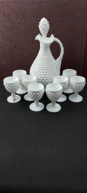 Fenton White Milk Glass Hobnail Wine Set Decanter with Stopper and Eight Goblets