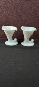 A Pair of Vintage Fenton Milk Glass Hobnail Cornucopia Candleholders