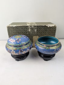 A Pair of Chinese Blue Cloisonn? Enamel Bowls, One with Cover, on Stands
