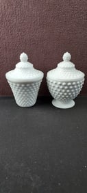 Mid-Century Fenton White Hobnail Milk Glass Lidded Honey Jars, A Pair