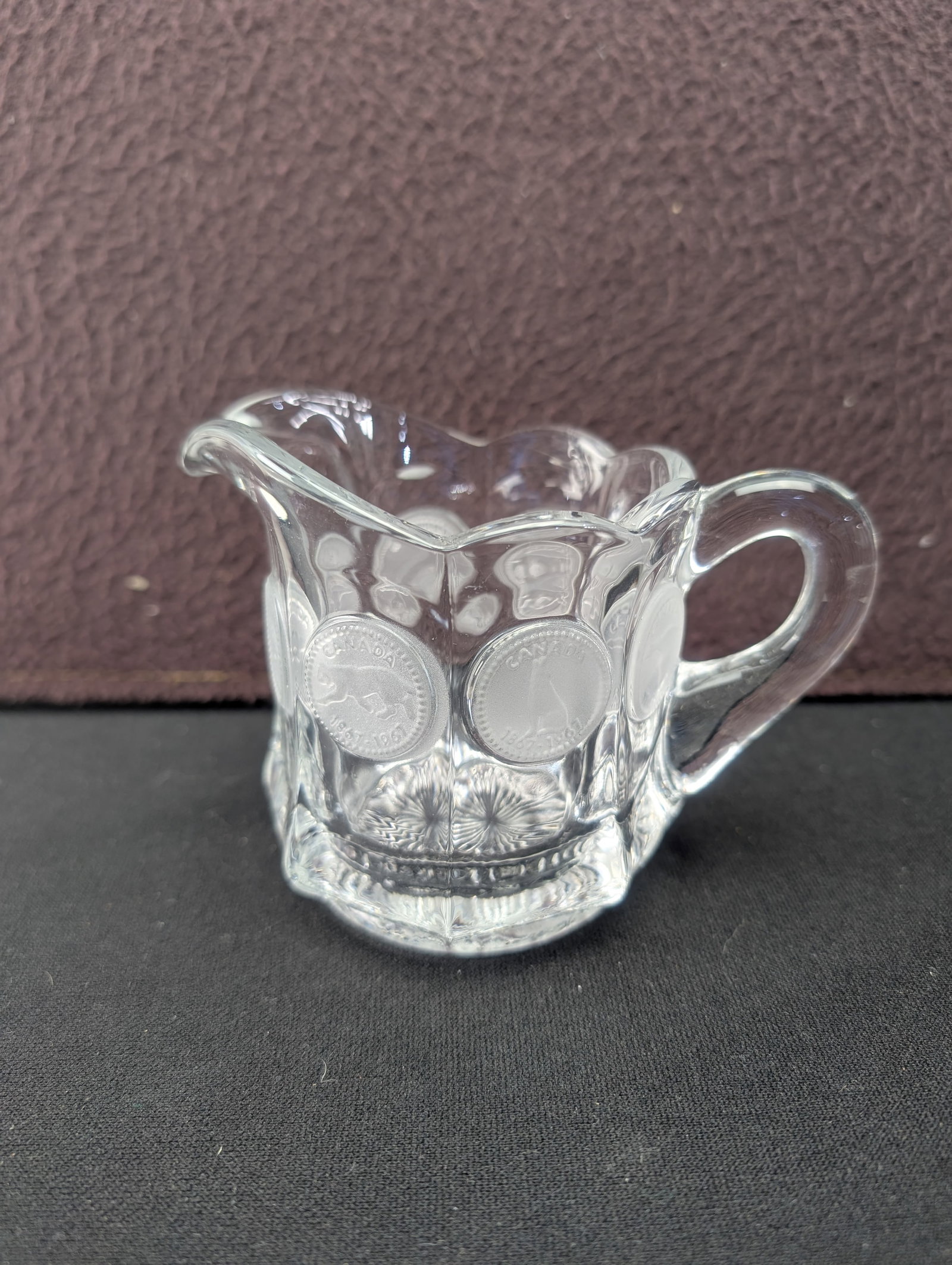 Vintage Fostoria Clear Coin Glass Creamer, 1953 British Coin Motif (1 of 5)