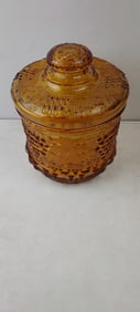 Vintage Amber Pressed Glass Covered Jar, Grape & Cable Pattern