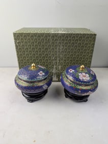 A Pair of Chinese Cloisonn? Enamel Blue Floral Lidded Trinket Boxes with Stands