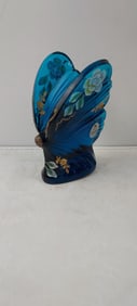 Fenton Art Glass Blue Floral Butterfly Figurine, Hand Painted by D. Roberts