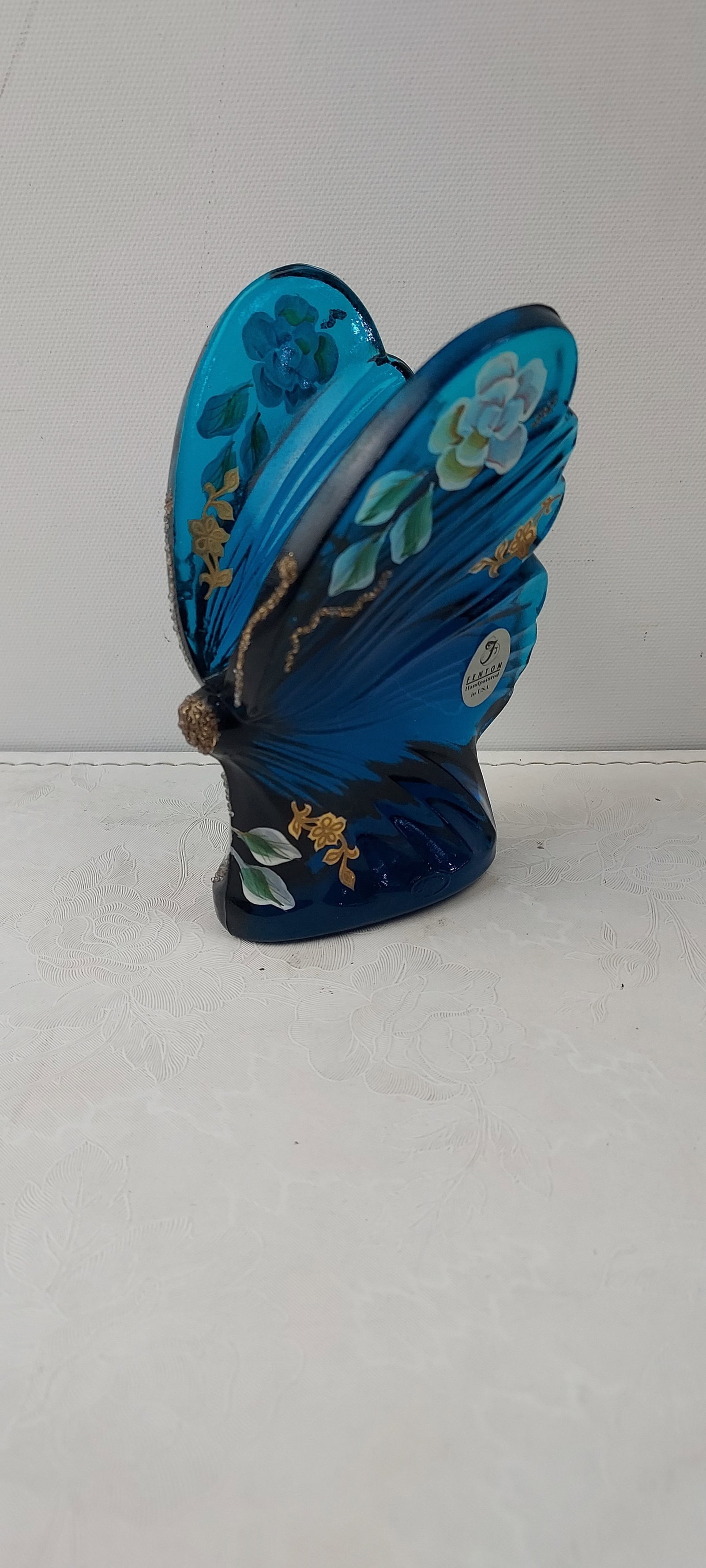 Fenton Art Glass Blue Floral Butterfly Figurine, Hand Painted by D. Roberts (1 of 9)