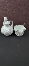 Fenton White Milk Glass Hobnail Cruet, Ruffled Rim Bowl, and Clear Glass Spoon