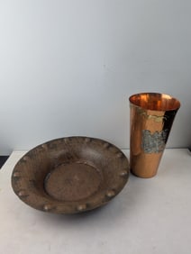 Vintage Hand-Tooled Copper MACO Bowl and Peruvian-Style Figural Vessel, A Lot of Two