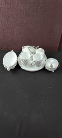 Vintage Fenton White Milk Glass Hobnail #3809 12-Piece Condiment Set with Tray