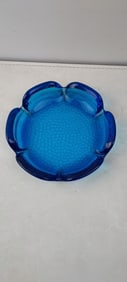 Vintage Blenko Mid-Century Modern Blue Art Glass Lotus Ashtray