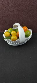 Vintage White Milk Glass Hobnail Handled Basket, Mid-Century Style