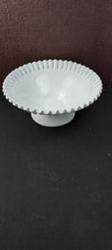 Vintage Fenton White Milk Glass Hobnail Silver Crest Ruffled Pedestal Compote