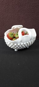 Vintage Fenton Hobnail Milk Glass Oval Footed Basket #3634
