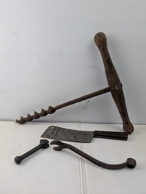 A Collection of Antique & Primitive Hand Tools featuring a T-Handle Auger Drill