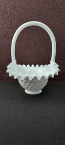 Vintage Fenton White Milk Glass Hobnail Ruffled Basket with Handle
