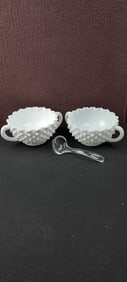 Vintage Fenton Hobnail Milk Glass Sugar Bowls (2) with Serving Spoon