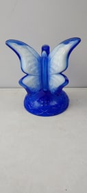 1985 Fenton 'Almost Heaven' Cobalt Blue & White Slag Art Glass Butterfly on Branch Ring Holder