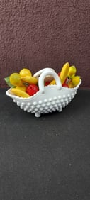 Vintage Fenton Hobnail Milk Glass Oval Double-Handle Basket, Three-Footed