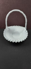 Vintage Fenton White Milk Glass Hobnail Ruffled Decorative Basket