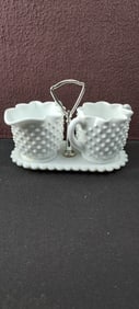 Vintage Fenton Milk Glass Hobnail Scalloped Edge Creamer and Sugar Set with Tray and Chrome Handle