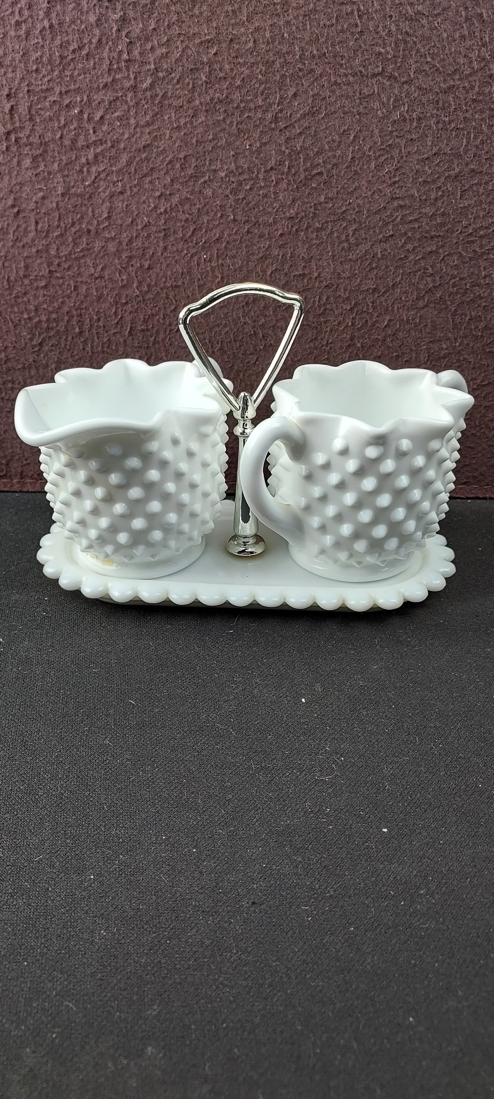 Vintage Fenton Milk Glass Hobnail Scalloped Edge Creamer and Sugar Set with Tray and Chrome Handle (1 of 11)