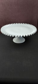 Vintage Fenton Milk Glass Hobnail Ruffled Edge Pedestal Cake Stand