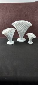 A Set of Vintage Fenton White Milk Glass Hobnail Ruffled Fan Vases, Graduated
