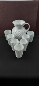 1950s Fenton Hobnail Milk Glass Ball Pitcher and Eight Tumblers Set