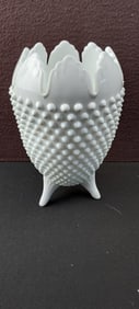 Vintage Fenton Hobnail White Milk Glass 3-Toed Ruffled Edge Vase