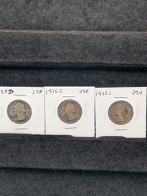 (2) 1935-D & (1) 1935-S Washington Quarters. Circulated. All 90% Silver