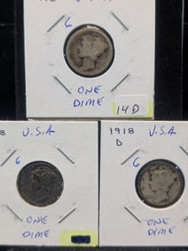 1918 P,D,S Silver Mercury Dimes - Better Teen Dates! - Complete Year Set!