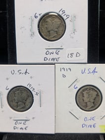1919 P,D,S Silver Mercury Dimes - Better Teen Dates! - Complete Year Set!