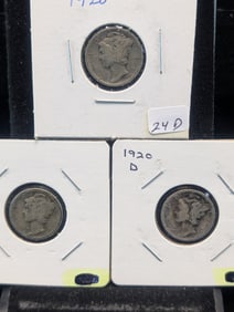 1920 P,D,S Silver Mercury Dimes - Better Dates! - Complete Year Set!