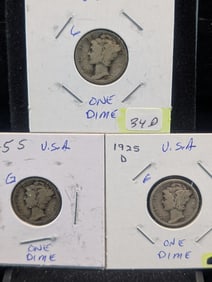 1925 P,D,S Silver Mercury Dimes - Better Dates! - Complete Year Set!