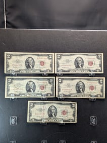 (3) 1953, 1953-A, & 1963 $2 Red Seal Federal Reserve Notes. Circulated.