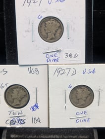 1927 P,D,S Silver Mercury Dimes - Better Dates! - Complete Year Set!