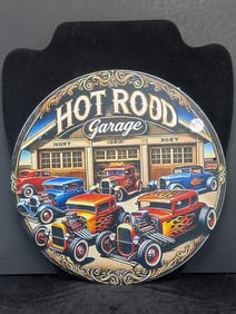 Hot Rod Garage, Metal Sign, 7.75x7.75 Inches-Dinner Plate Size, Perfect For Man Cave, Garage, etc.,