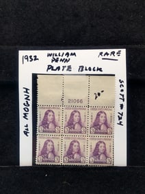 1932 William Penn Plate Block Rare Scott # 724 MOGNH