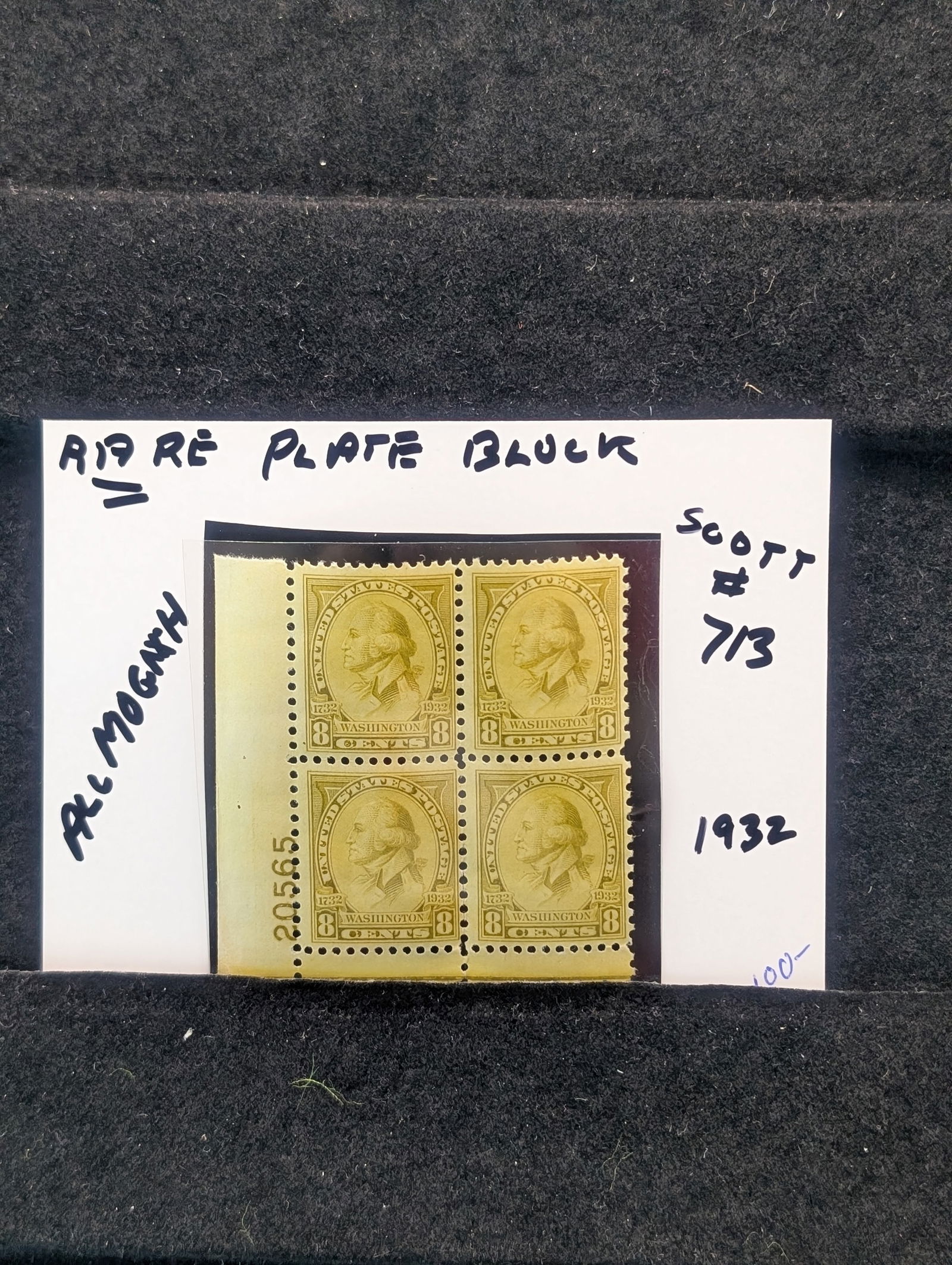 1932 Washington Eight Cent Plate Block Rare Scott # 713 MOGNH (1 of 2)