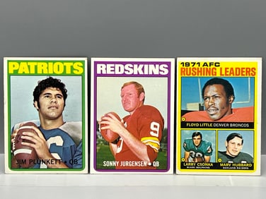 1972 Topps Jim Plunkett RC #65, Sonny Jurgenson #195, & AFC Rushing Leaders #1