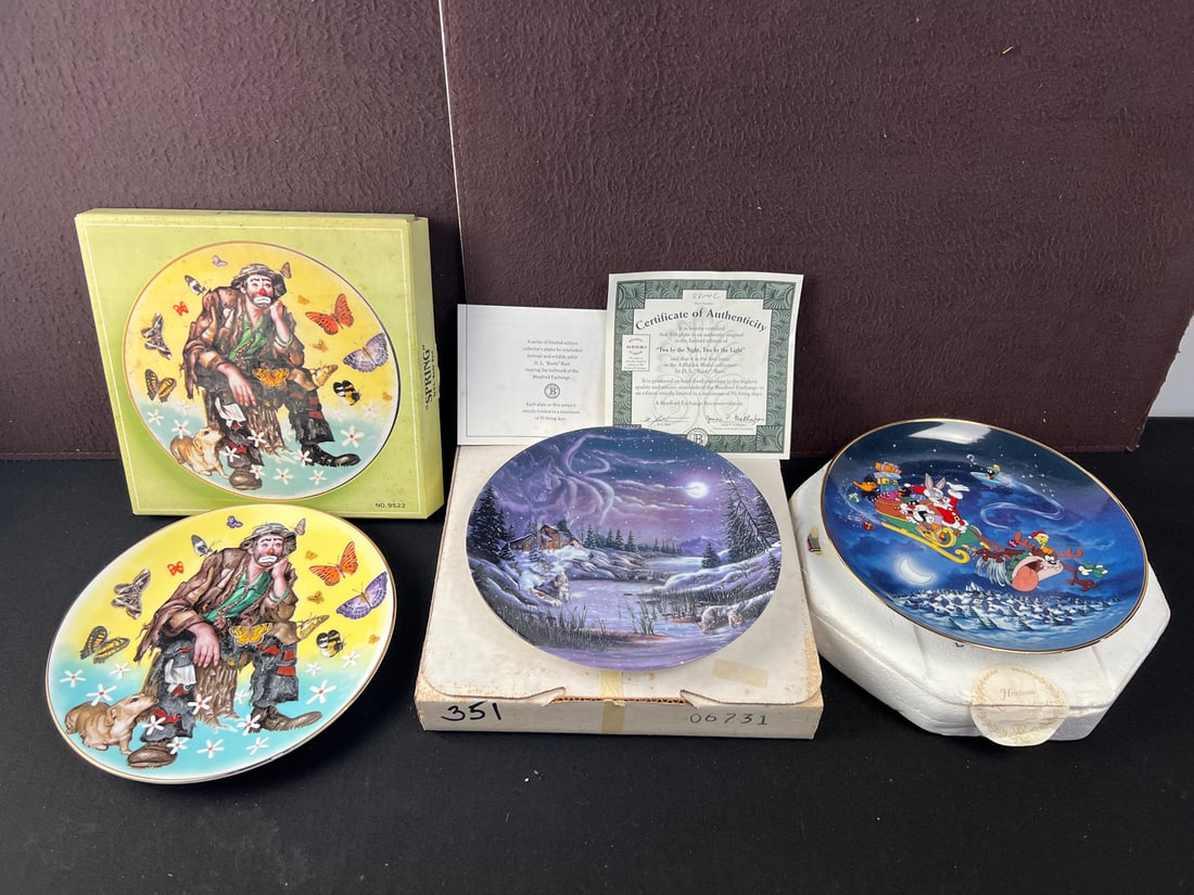Lot of 3 Collectible Porcelain Plates - Emmett Kelly, Looney Tunes
