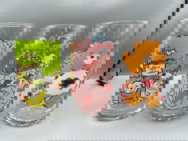 Lot of (3) 1980s Limited Edition Drinking Glasses - Shirt Tales, Popples, & Care Bears