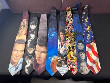 Lot of 8 Ralph Marlin Neckties - James Bond, Elvis Presley, The Beatles, Star Trek, Marvel, Olympics