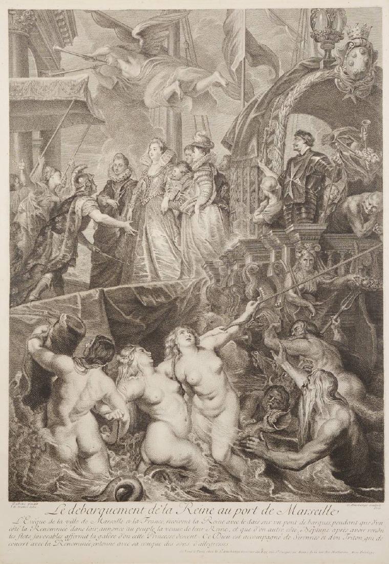 Gaspard Duchange (1666-1757) Petrus Paulus Rubens: Gaspard Duchange (1666-1757) Petrus Paulus Rubens (1577-1640) MARIA DE` MEDICI ARRIVAL TO MARSEILLE 1710 Copperplate on paper 515x360 mm (mount aperture) marked lower left „Rubens pinxit“