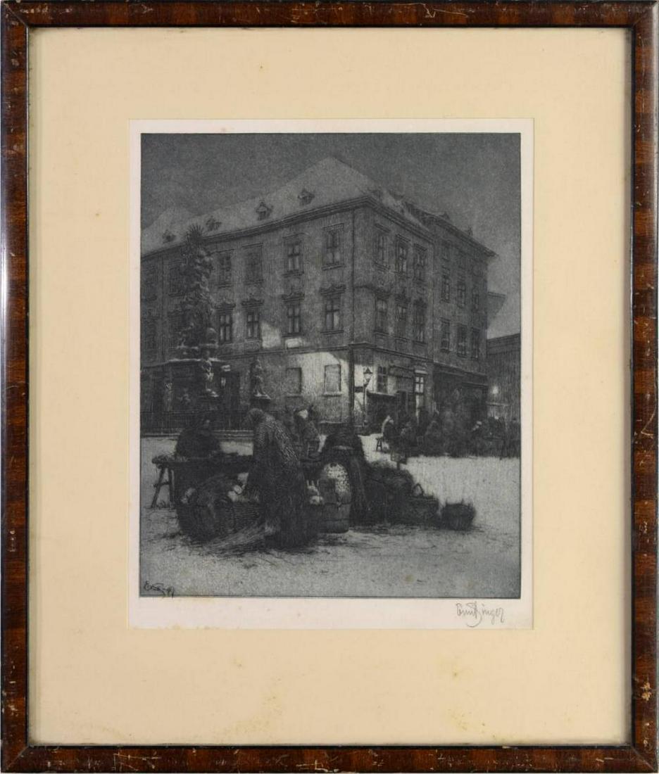 Emil Singer (1881-1942): NA ZELNÉM TRHU Lept na papíře, 240x195 mm, zn. v tisku vlevo dole "Emil Singer", sign. vpravo dole pod tiskem tužkou "Emil Singer". Paspartováno, rámováno, zaskleno.