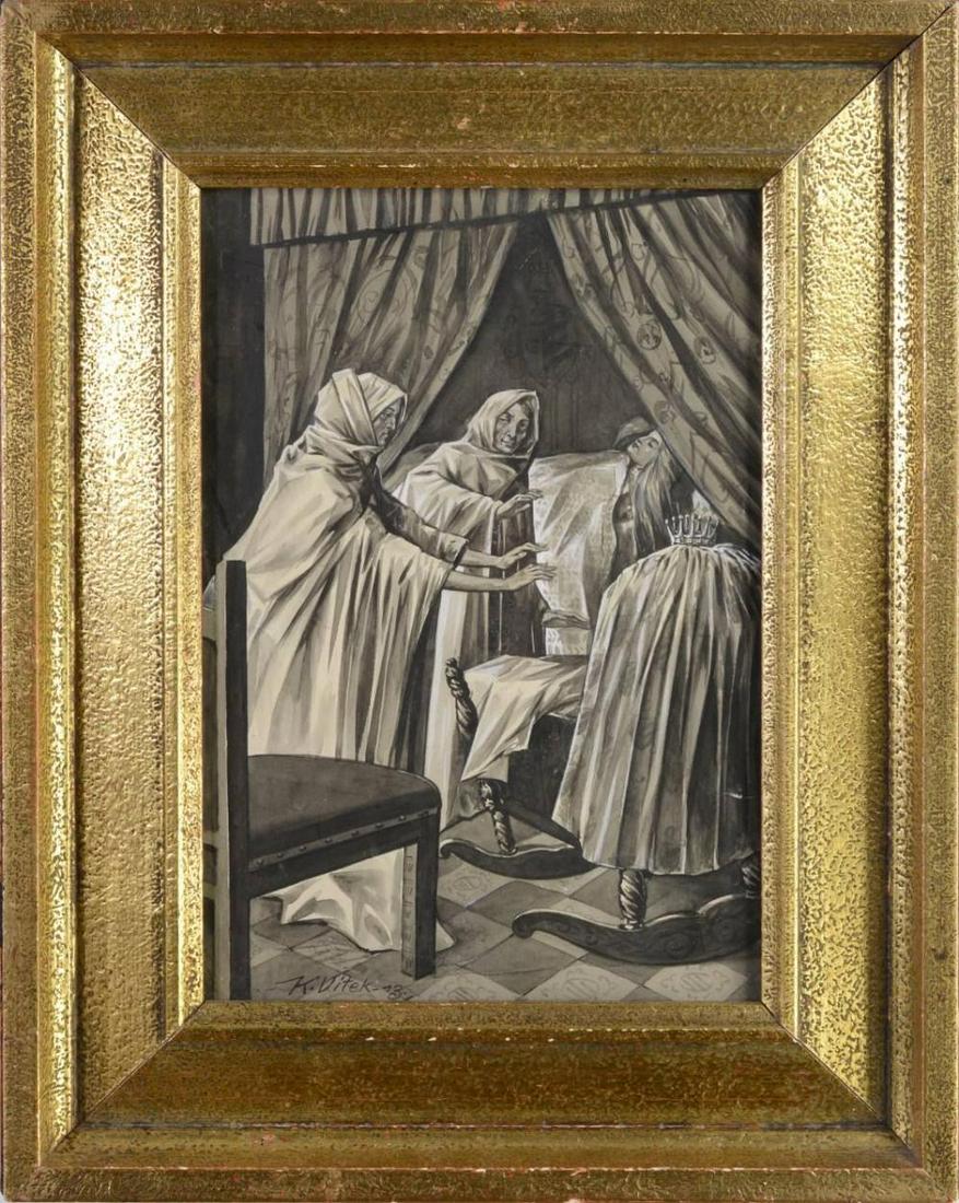 Karel Vítek (1877-1953): SUDIČKY 1913 Kombinovaná technika - tempera a tuš na papíře, 300x210 mm, sign. a dat. vlevo dole "K. Vítek 13." Rámováno, zaskleno. English Title: Karel Ví