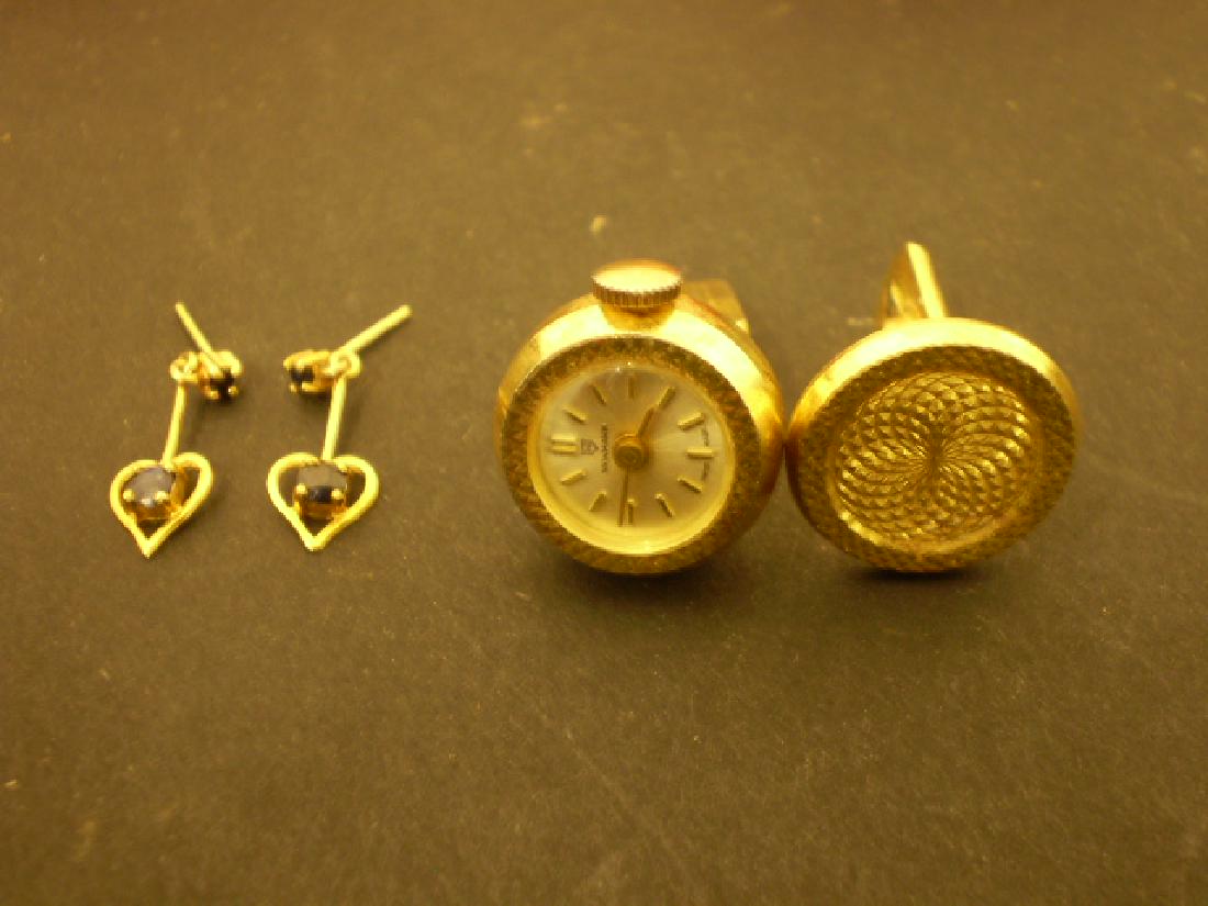 PAIR OF CUFFLINKS 22 CARAT PLATED (UNMARKED) ONE OF: PAIR OF CUFFLINKS 22 CARAT PLATED (UNMARKED) ONE OF WHICH CONTAINS WATCH, PLUS EARRINGS WITH ILLEGIBLE MARKINGS ON SHAFT